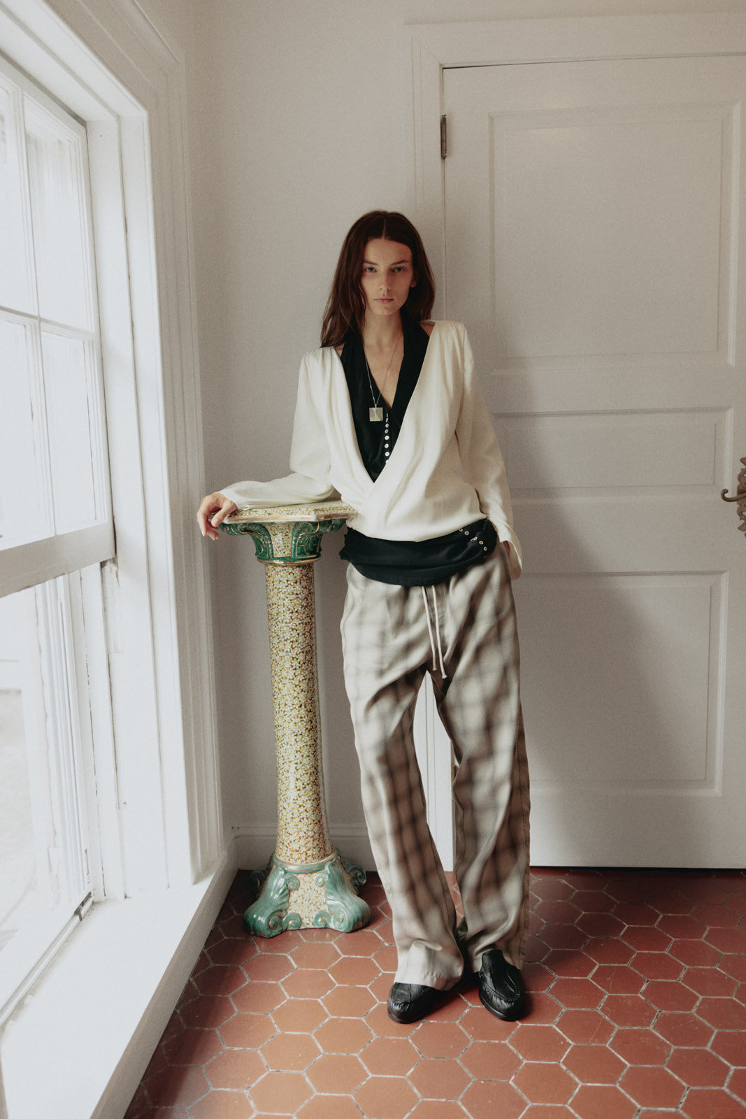 Lichen Japanese Shadow-Plaid Drawstring Trousers