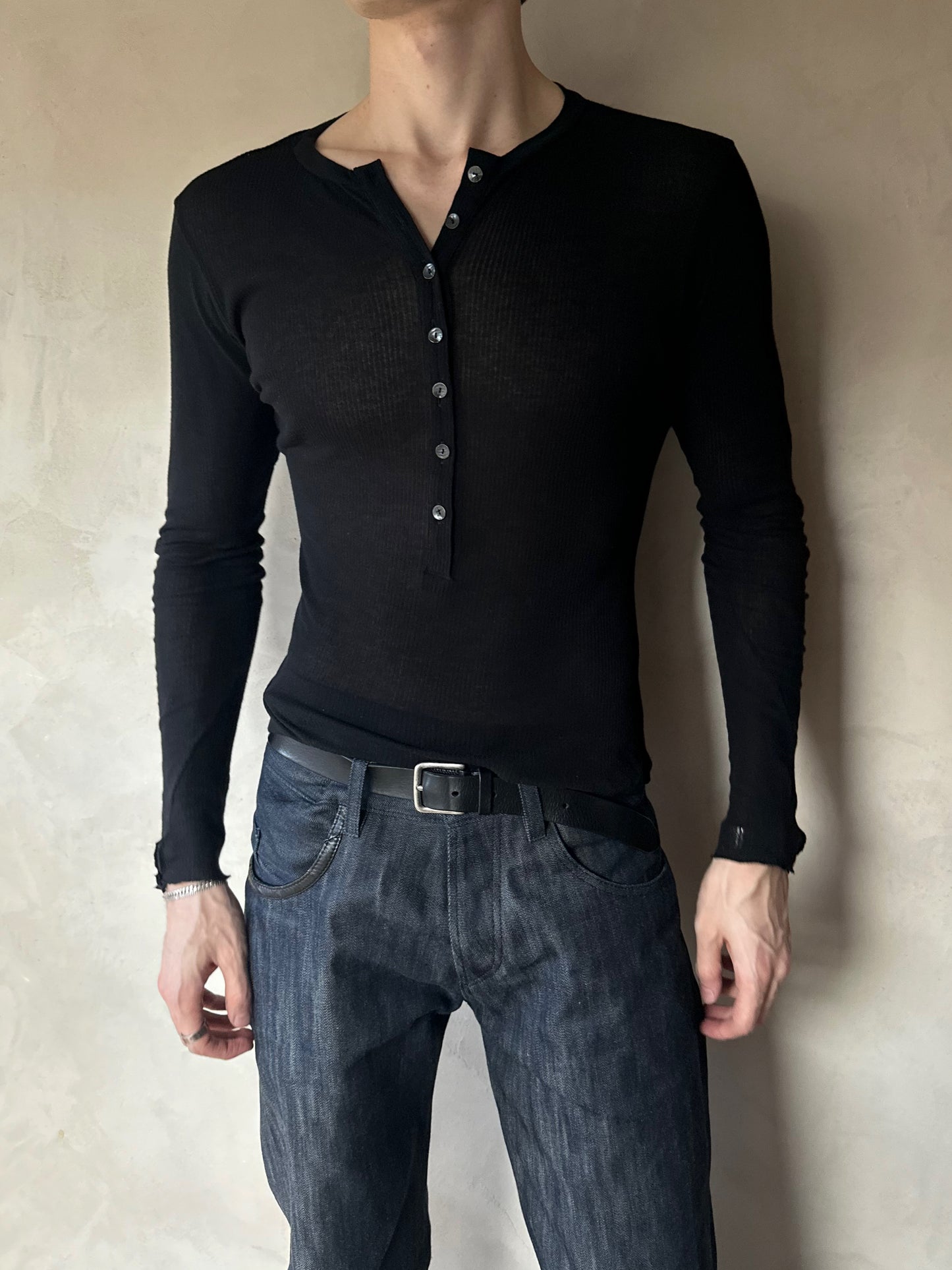 Nero Ribbed Knit Henley Shirt