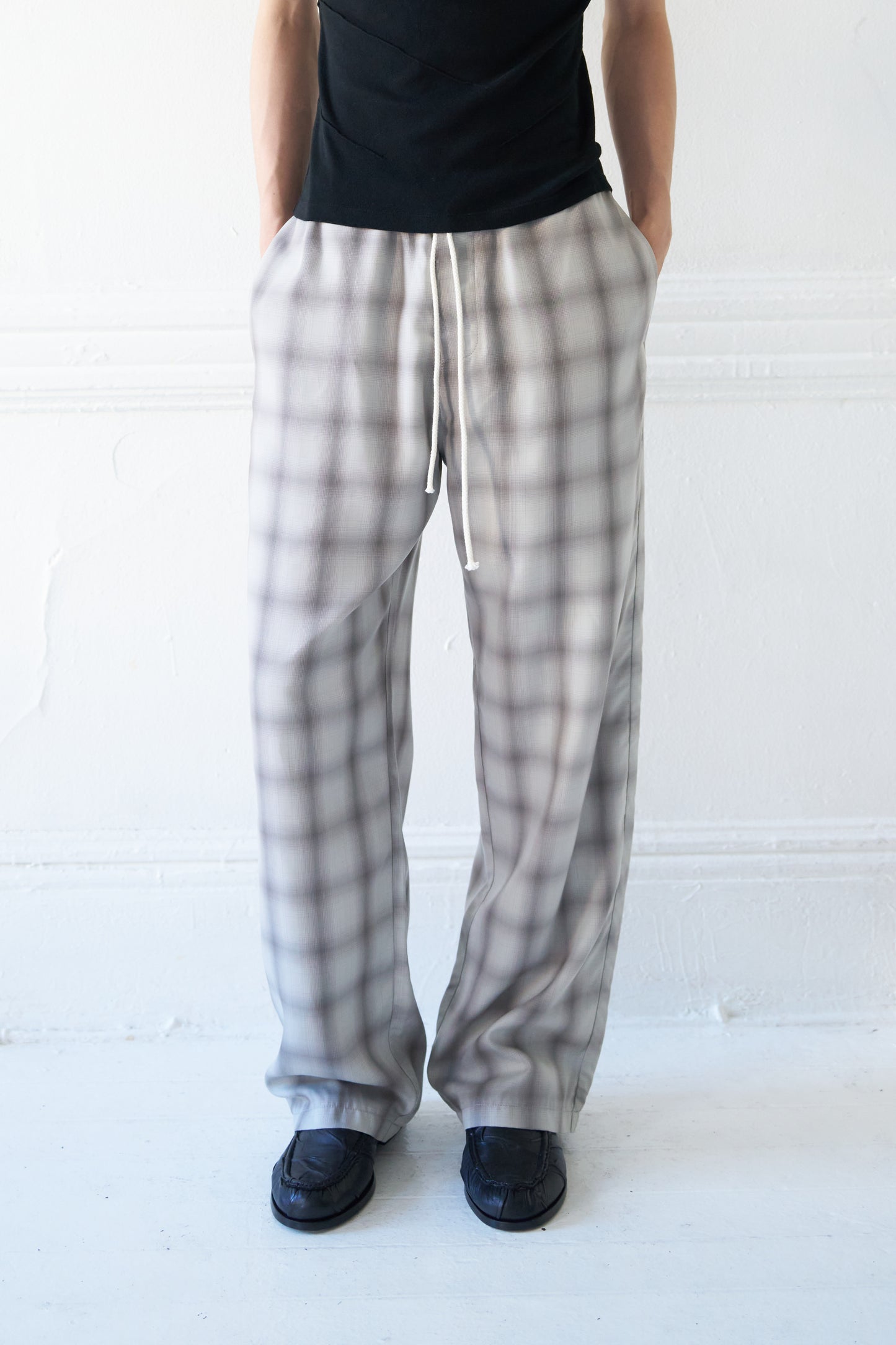 Lichen Japanese Shadow-Plaid Drawstring Trousers